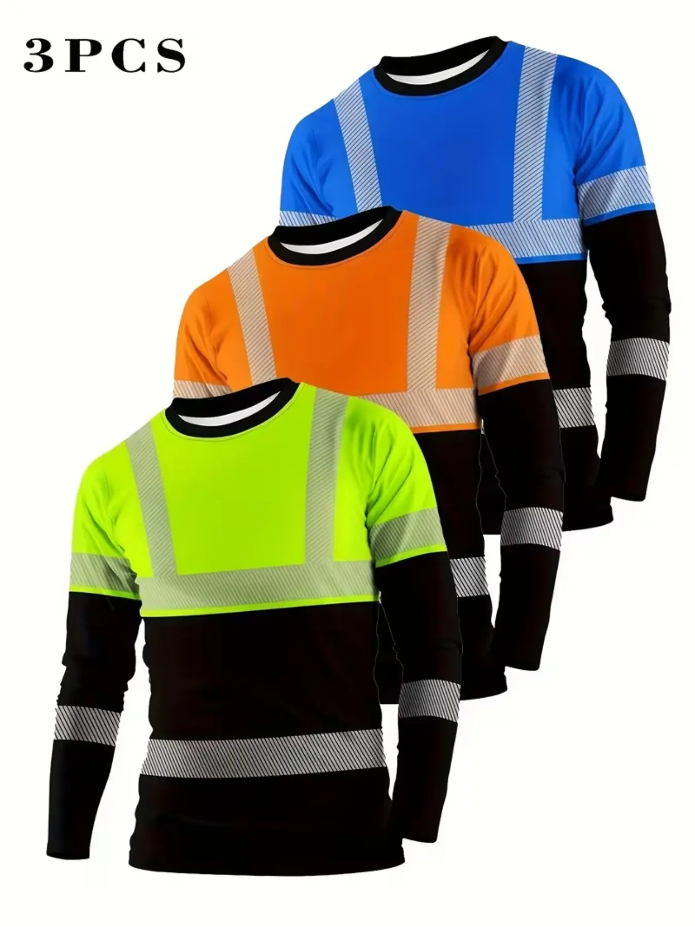 Three-Piece Set Reflective Stripe Base Workwear Long Sleeve T-Shirts, Round Neck Breathable Top, Casual All-Season Wear