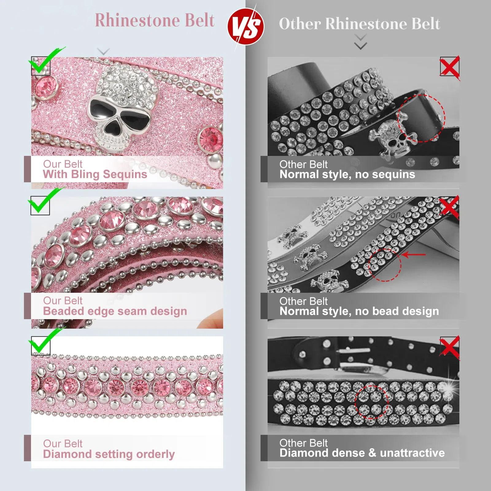 XZQTIVE Rhinestone Skull Sequins Belt for Men and Women - Sparkly Bling Diamond Studded Belt, Western Cowgirl Cowboy Style, Glamorous Accessory for Parties, Events, and Daily Wear