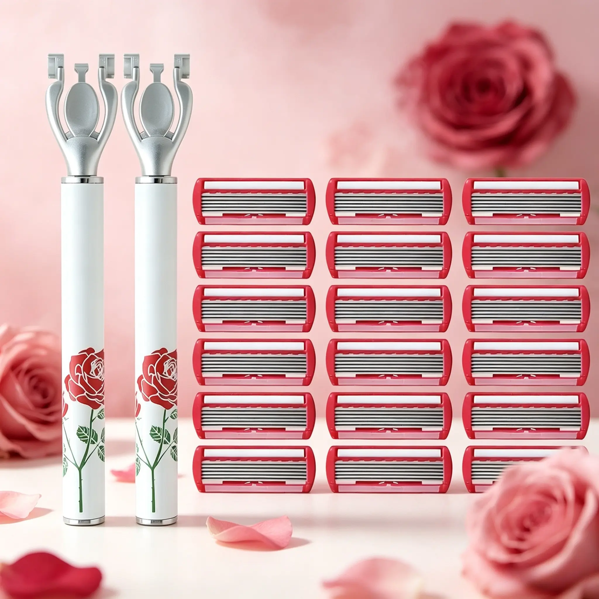 Reusable rose print women safe razor set with spare sharp blades. Flexible head fits body curves to gently remove leg, underarm and bikini hair without irritation, essential mild shaving supply for home and dorm girls Body hair removal.