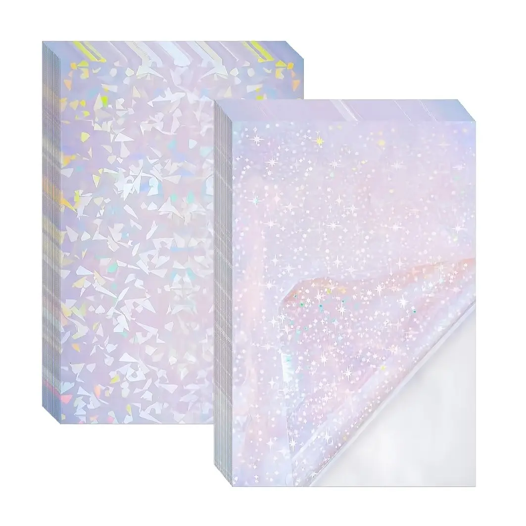 A4 Holographic Cold Lamination Stickers, 10 Self-Adhesive Vinyl Sheets, Rainbow Stars & Glass Texture, Ideal for Photos, Crafts, DIY Scrapbooks, Aesthetic Stickers
