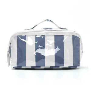 Striped Makeup Bag High Aesthetic Large Capacity Cosmetic Organizer, Top Handle, Zipper Design, Portable Travel Essential, Structured Makeup Case