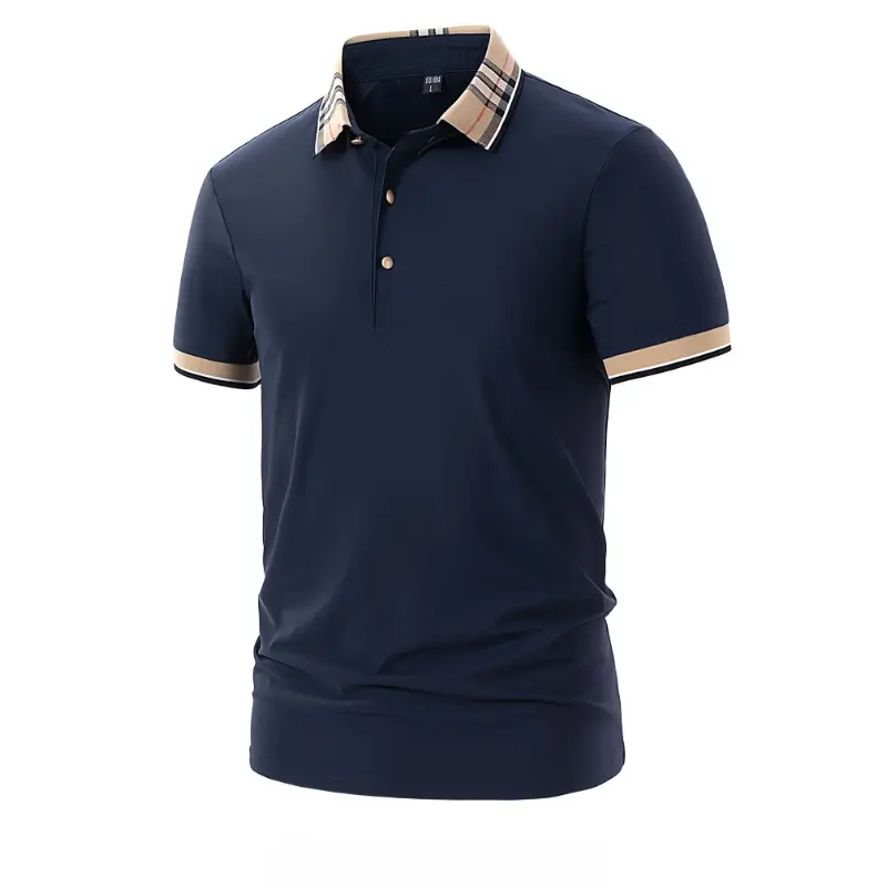 Men's Polo Shirt with Checked Contrast Collar, Stylish Short Sleeve Top, Lightweight & Breathable for Casual Business Wear