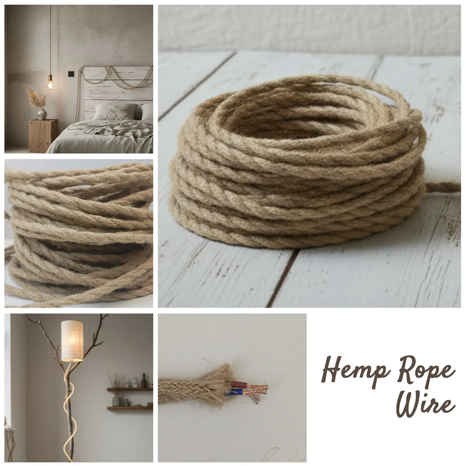 10m Hemp Rope Covered Twist Wire, 18/2 Pure Copper Insulated Flexible Lamp Wire, Durable Braided Lighting Replacement Cable