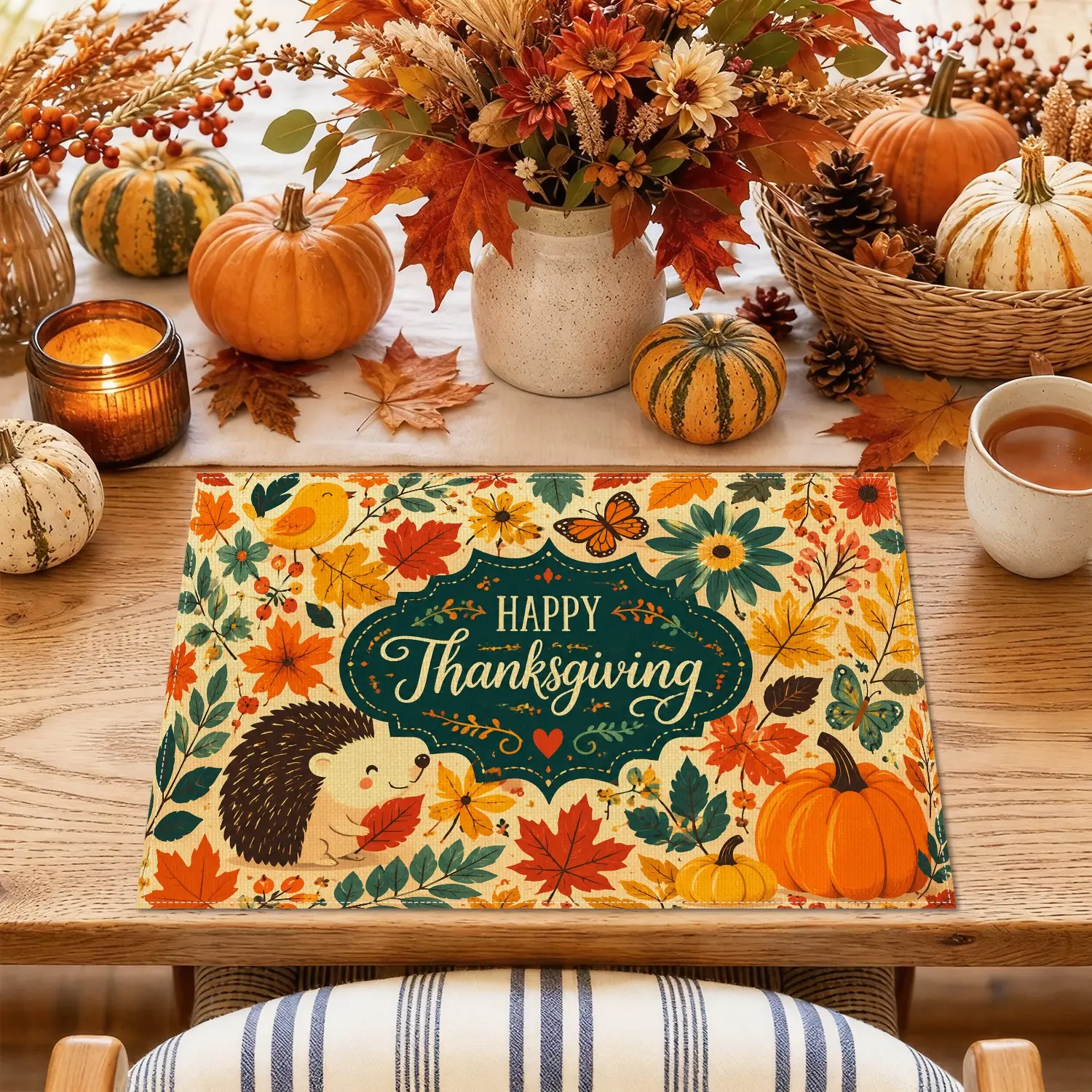 4/6pcs Thanksgiving Pumpkin Hedgehog & Maple Leaf Placemats, Rustic Harvest Style for Dining Table, Kitchen, Thanksgiving Dinner & Farmhouse Decor, Thanksgiving Gifts, Table Decoration