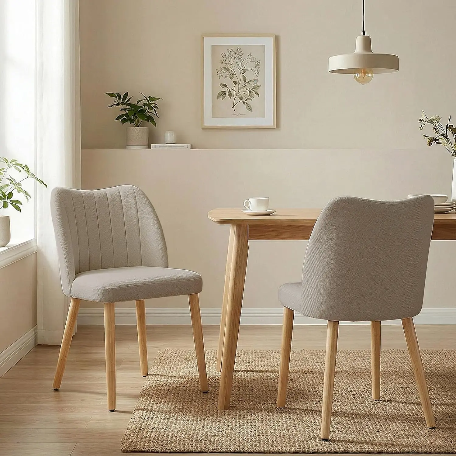 2PC Upholstered Dining Chairs, Modern Fabric Kitchen Chairs with Backrest & Wood Legs
