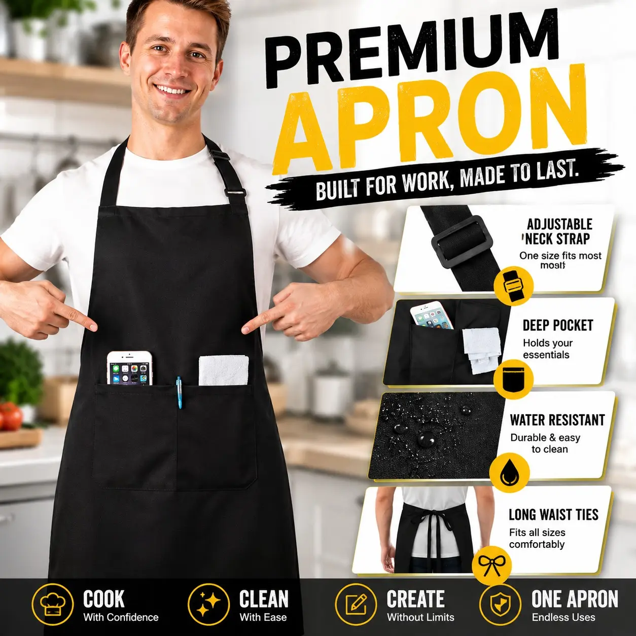 Adjustable Waterproof Oil-Resistant Polyester Apron with Pockets, Unisex, Stain-Proof, Easy Clean, Comfortable, Kitchen Gear for Cooking and Grilling