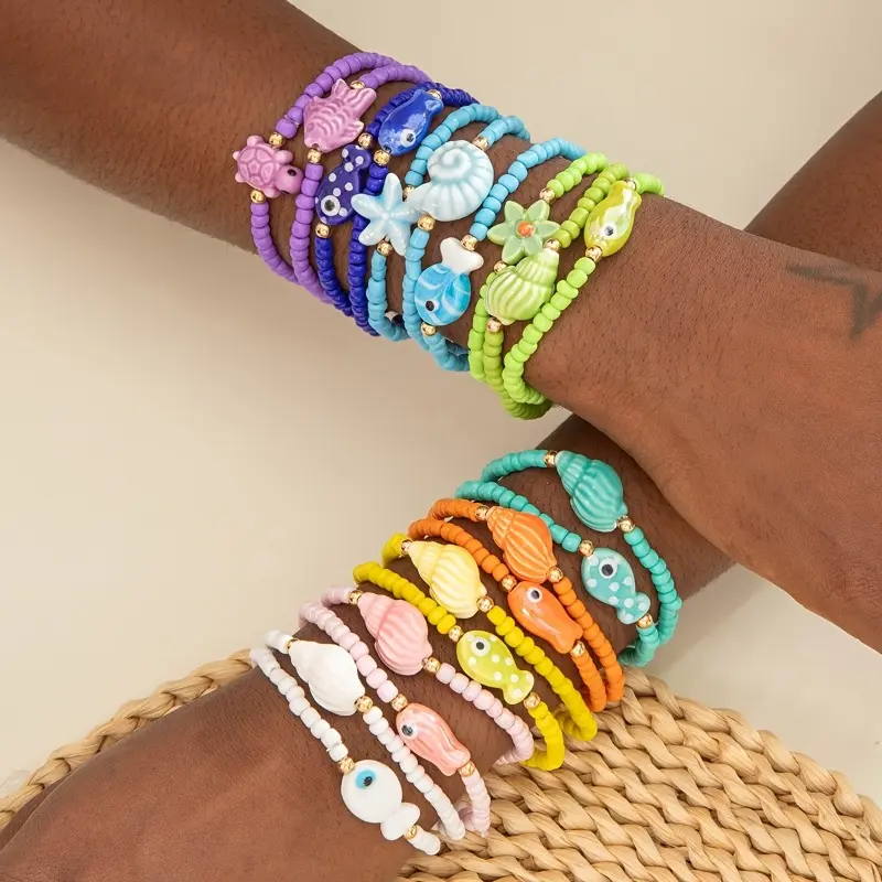 Women's 20pcs Colorful Bracelet Set - Stackable Beach Charm Arm Candy with Round Beads and Ocean Charms for Vacation & Casual Wear, Daily Wear, Colorful Beads, Arm Candy Accessories, Bracelet Stacking, Bracelets