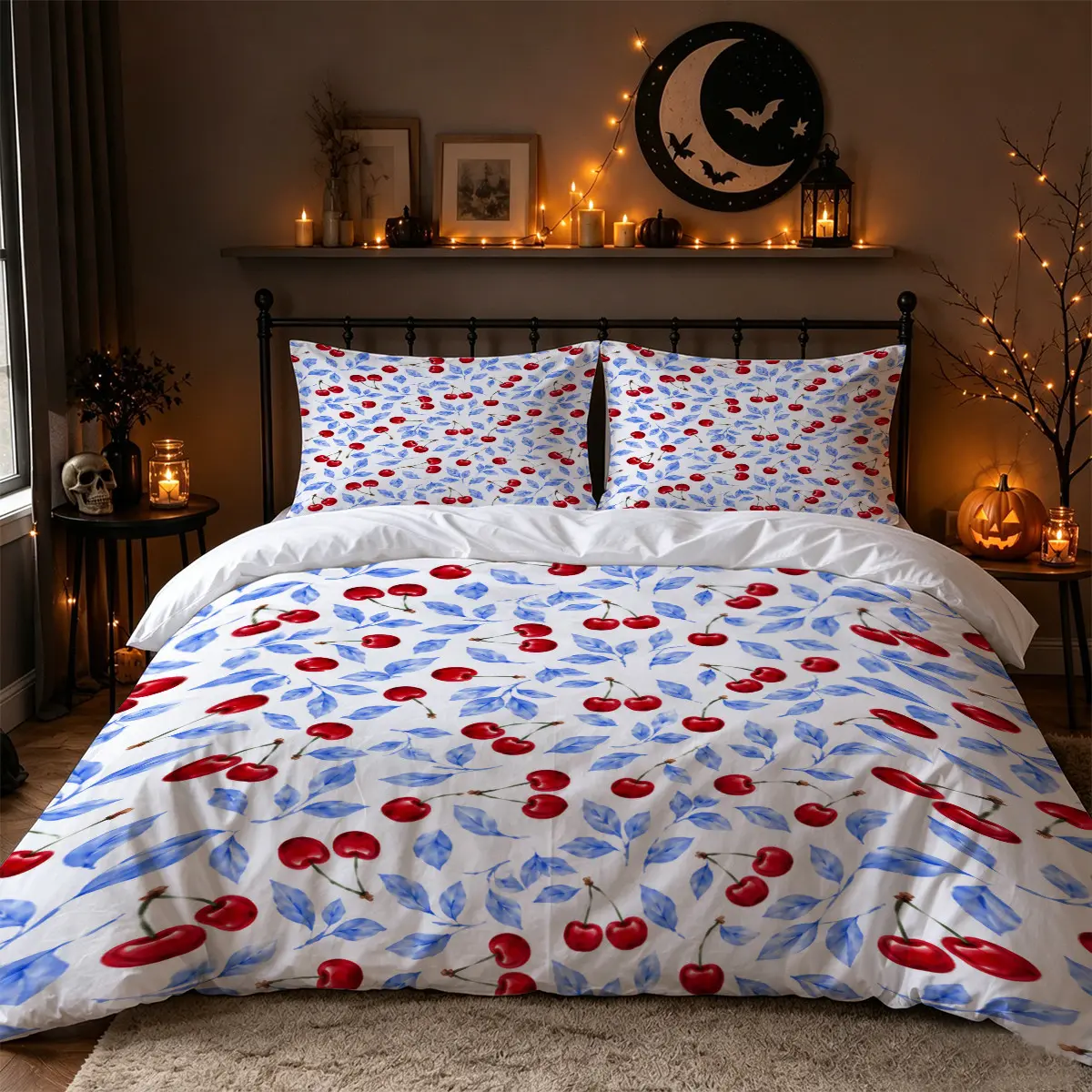 3Pcs Red Cherry Blue Leaf Watercolor Print Duvet Cover Set, Vintage Cottagecore Fruit Bedding with 1 Duvet Cover and 2 Pillowcases, No Comforter, Farmhouse Bedroom Decor for Women, Apartments, Dorms and Guest Rooms