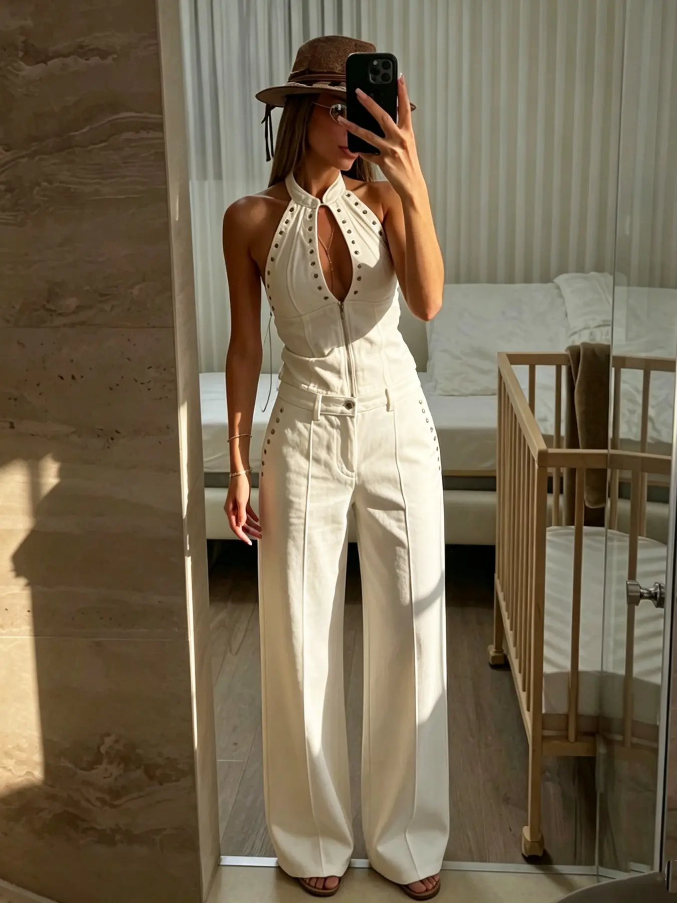 Women's Denim Pants Suit Halter Sleeveless Rivet Eyelet Zip-Up Crop Tank Top & Wide Leg Pants Sets For Women Casual Party Outfit Elegant Female Sets White Jeans 2 Piece Set Clothes