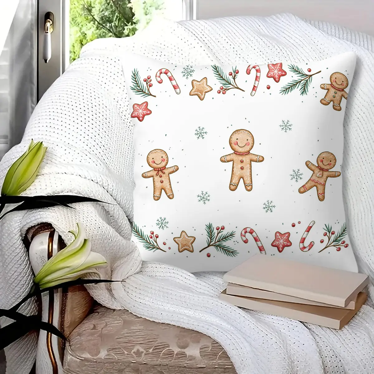 45x45cm 1Pc Christmas Throw Pillow, Soft Fluffy Durable Cozy Cushion with Gingerbread Man, Candy Cane, Snowflake and Pine Branch Prints, Ideal for Sofa, Bed, Living Room and Bedroom Decoration, Perfect Small Holiday Gift for Friends and Family