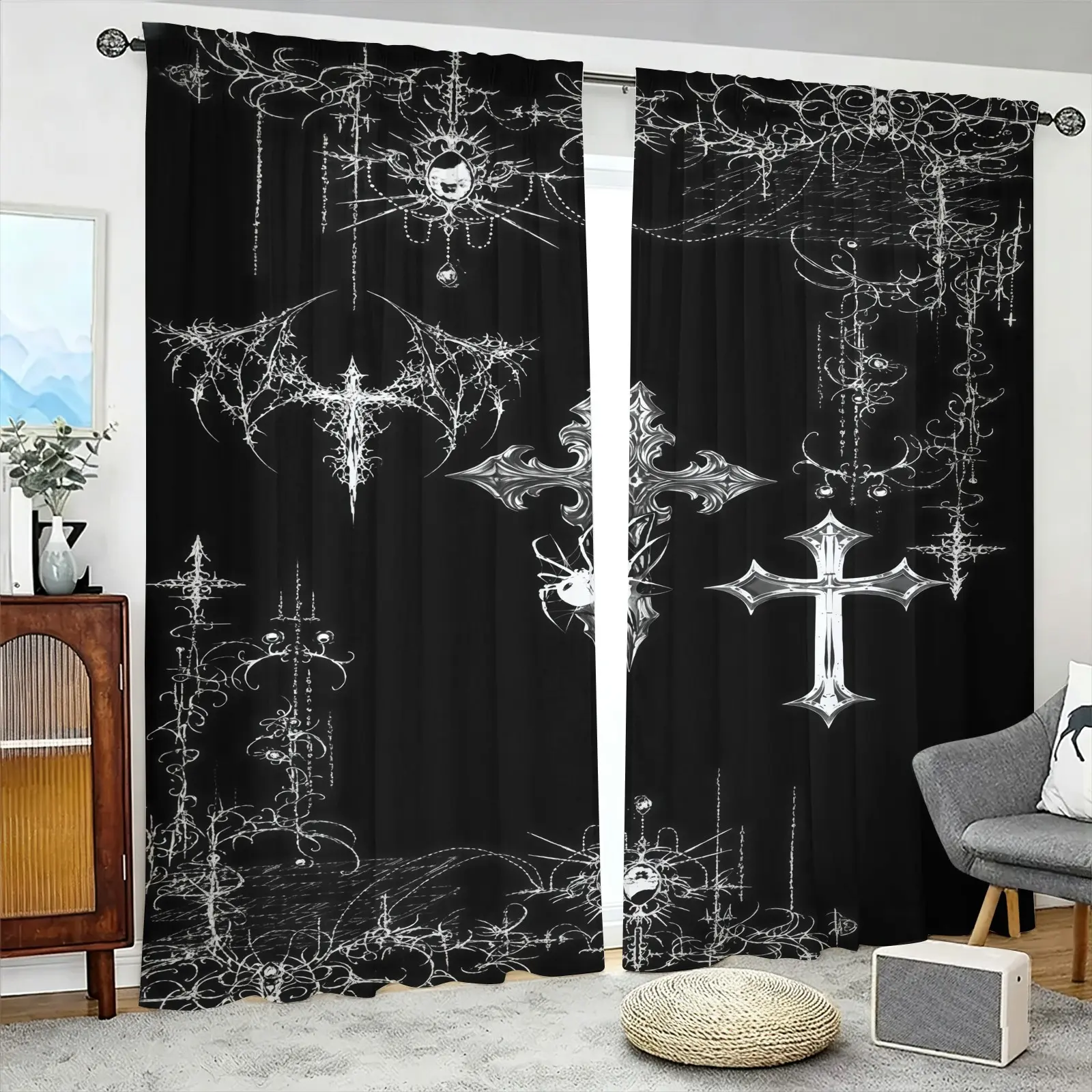 Gothic Cross Print Pattern Ground Cloth Semi Blackout Curtains, 2-Piece Set, Semi Blackout Soft Light, Suitable For Teenagers And Adults, Bedroom And Living Room Decoration
