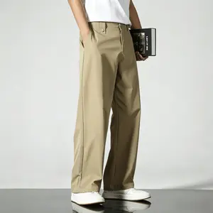Men's Khaki Wide Leg Dress , Casual Straight Leg Trousers with Elastic Waist, Business Casual Streetwear for Guys & Teens wrinkle resistant casual  new summer casual  men athletic One Piece Printed Lounge  comfortable long classy waistband design