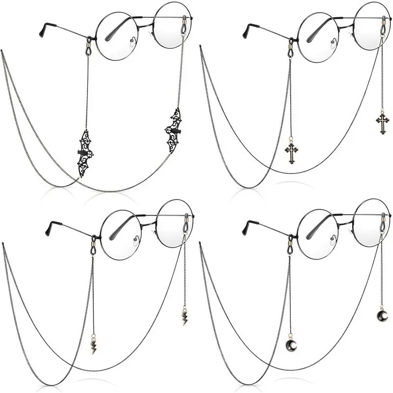 Women's Goth Glasses Chains Set - 4 Pcs Metal Chains with Gothic Pendant Charms, Stylish Eyeglass Lanyards for Party & Daily Fashion Accessories