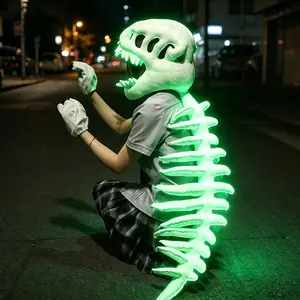 Halloween Night Glowing Fluorescent Dinosaur Skeleton Costume Headpiece, Dinosaur Mask, Fun Role-Play Plush Toy, Creative Prank Gift for Kids, Family, Friends