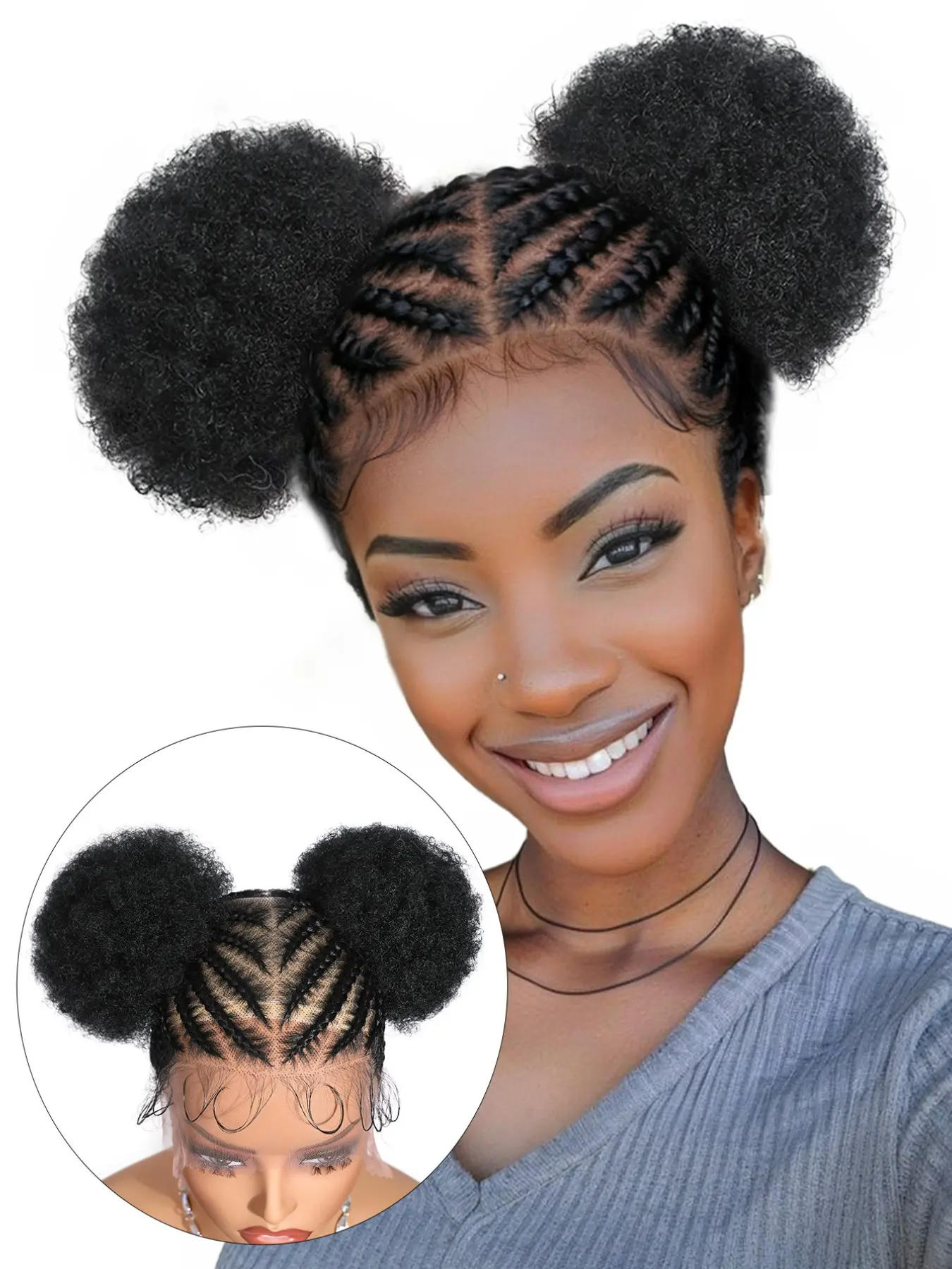 Braided Wig for Black Women 100% Handmade HD Full Lace Cornrow Wig with Afro Puff Lightweight&Soft braided wig with Baby Hair Heat Resistant Synthetic Hair for Daily Use Premium Synthetic Wigs