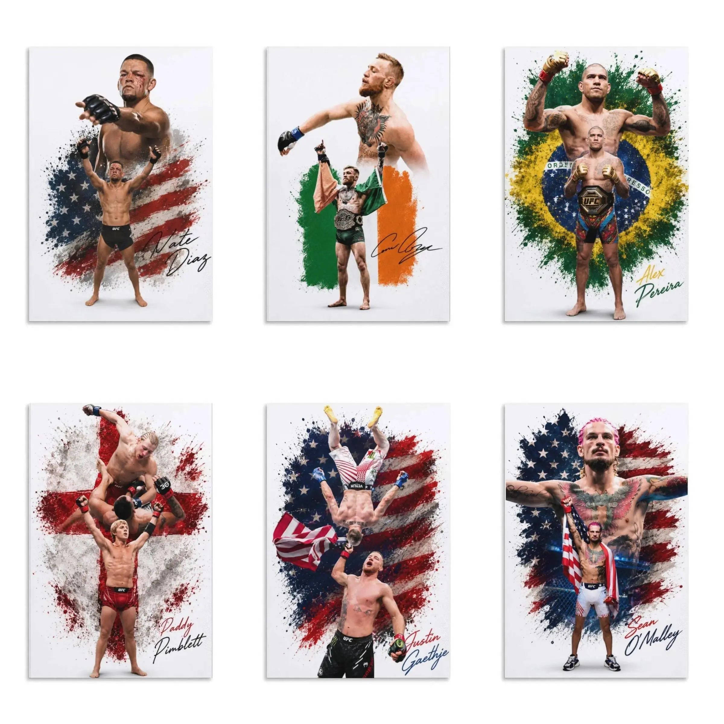 MMA Champion Splash Ink Canvas Wall Art Poster, UFC Fighter Legends Portrait Print, Conor McGregor, Alex Pereira, Justin Gaethje, Sean O'Malley, Max Holloway, Charles Oliveira, Nate Diaz Artwork, Combat Sports Decor for Gym, Man Cave, Fight Room, Sports B