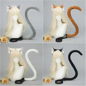 Simulation Animal Ear Cat  Headband Handmade Plush Cos  Props Comic-Con Headdress Cat  Tail Set