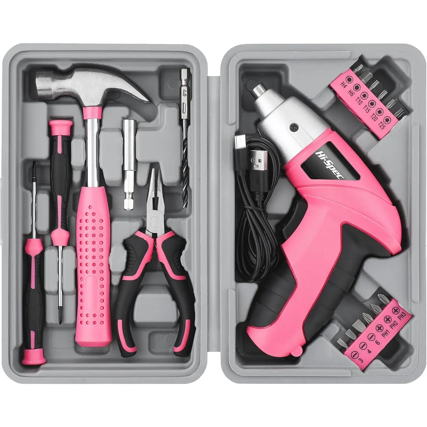 3.6V Electric Screwdriver and Tool Kit for DIY, Pink| 19pc, fast assembly help, common screw bit selection, LED visibility, compact grip, quick fixes, organized