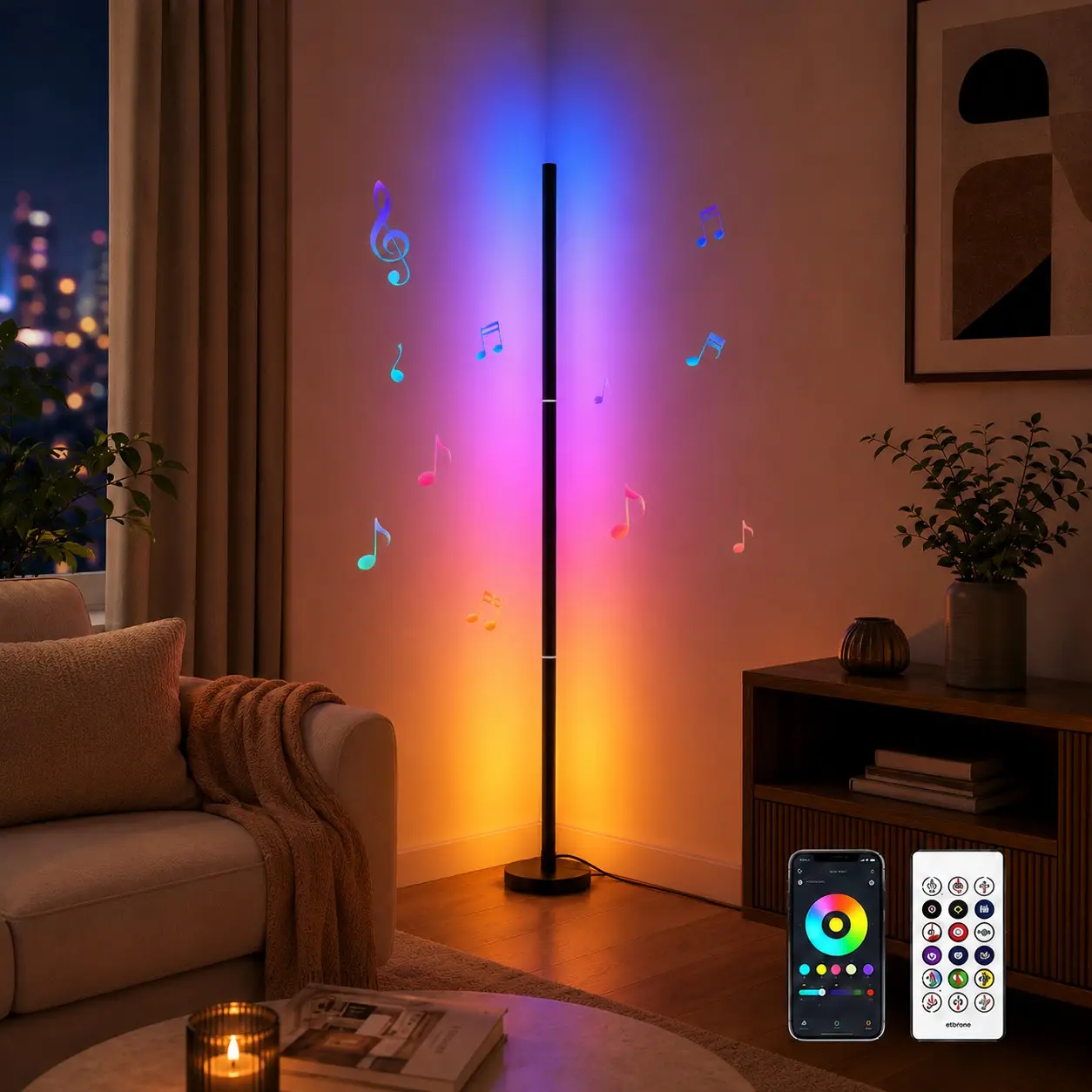 RGB LED Corner Floor Lamp, Smart Color Changing Standing Lamp with Music Sync, 16 Million Colors, 68+ Scene Modes, App Remote & Button Control, USB Plug-In Mood Light for Bedroom Living Room Gaming Room
