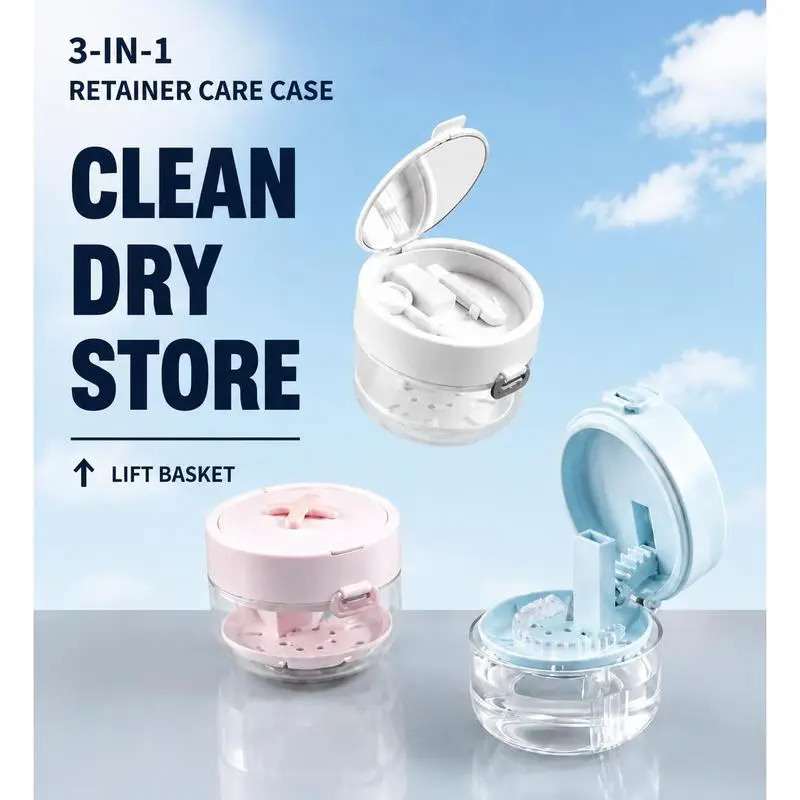 3-in-1 Leak Proof Denture Bath Box, Large Capacity Retainer Case with Mirror, Cleaning Brush, Removal Tool & Cleaning Basket, Portable Aligner Denture Storage Holder for Orthodontic, Invisible Aligner & Denture Users, Works With Cleaning Tablets