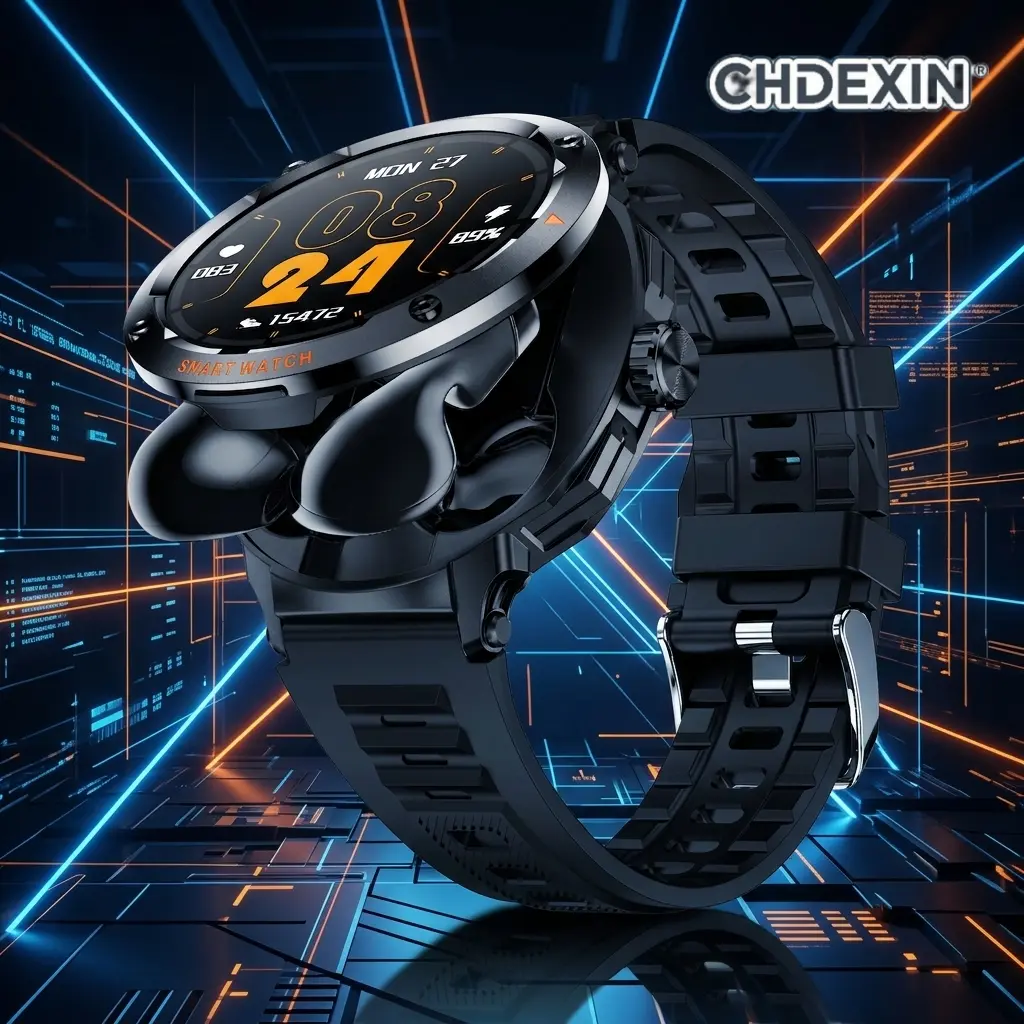 Rugged 2-in-1 Smart Watch with Built-in Earbuds, Alloy Multi-Sport Wearable with Magnetic Charging and Bluetooth Calling, Multi-Sports, Wireless Earbuds, One Size