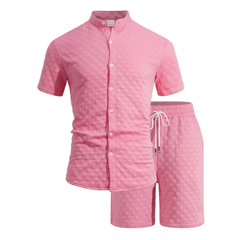 Men’S Waffle Textured Two Piece Set, Short Sleeve Collared Shirt And Drawstring Shorts, Casual Vacation Outfit