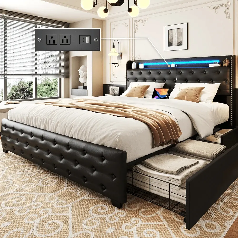 Queen Classic LED Bed Frame - PU Faux Leather Upholstered Platform Bed with Wingback Headboard, 4 Storage Drawers, Charging Station, Metal Frame, No Box Spring Needed, Black, Led Lighting