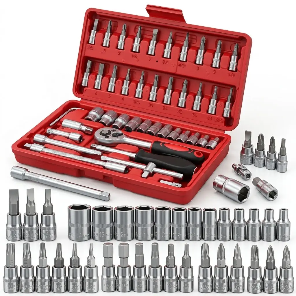 46-Piece Socket Wrench Set, 1/4 Inch Drive Metric & Imperial, Includes Storage Box, Ideal for Car Repair & Home Use