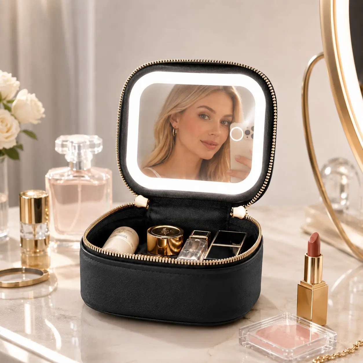 Travel Makeup Case with Illuminated Mirror, Rechargeable Portable Compact Beauty Organizer, Travel Makeup Bag, Ideal for Daily Use, Travel, Gifts