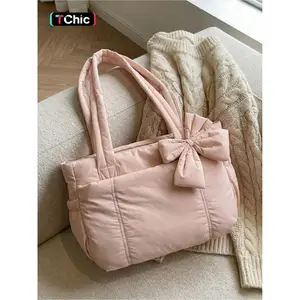 Pink Quilted Bow Tote Bag, Casual Lightweight Shoulder Bag, Casual Commuter Bag, Suitable for Commuting, Shopping, Leisure Outings, Everyday Accessories, Handbag Shoulder Bag
