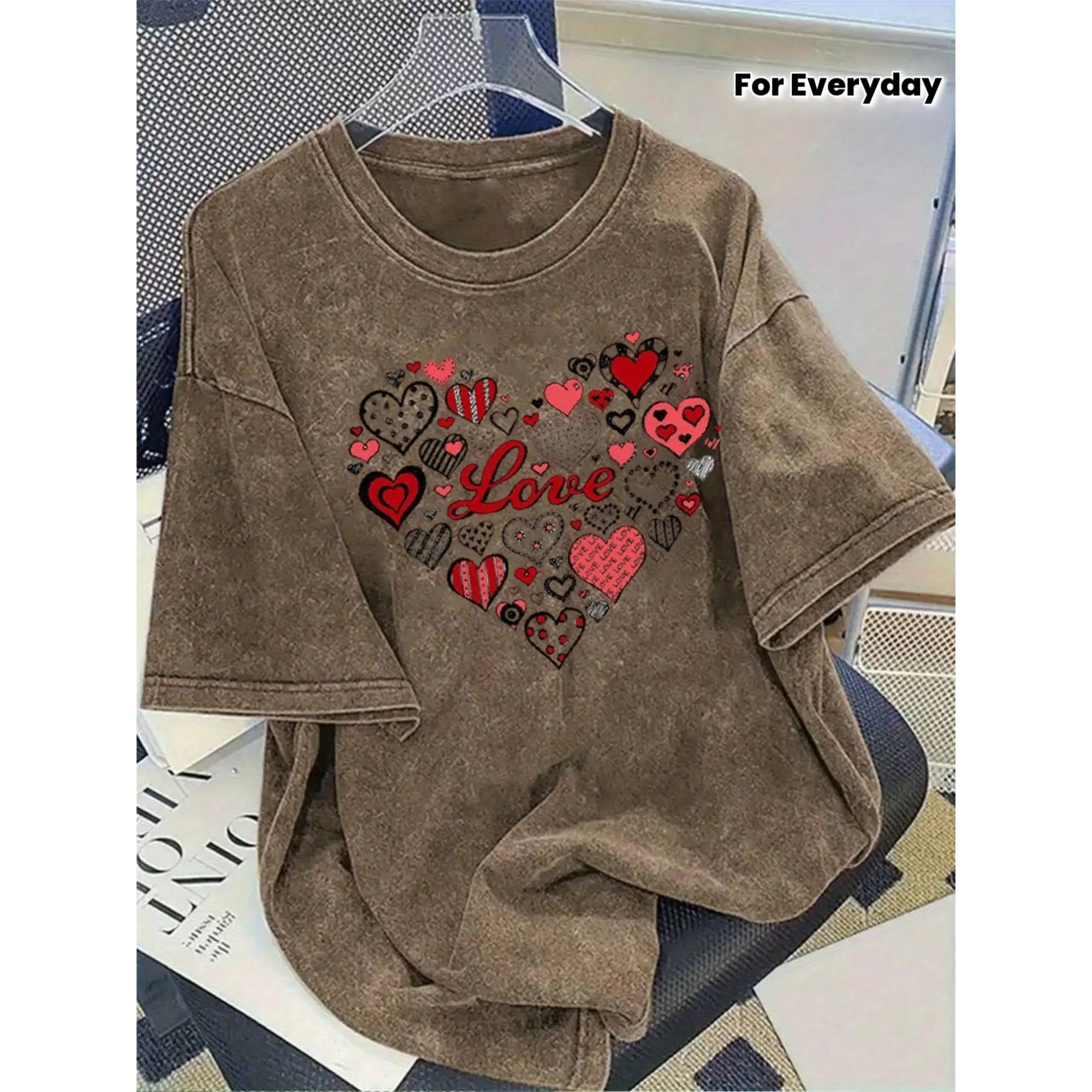 Valentine'S Day Graphic Print T-Shirt - 230g Washed T-Shirt, High Quality Vintage Fashion T-Shirt, Women'S T-Shirt, Everyday Wear Popular T-Shirt, Lover'S Holiday Gift, Valentine'S Day Perfect Gift