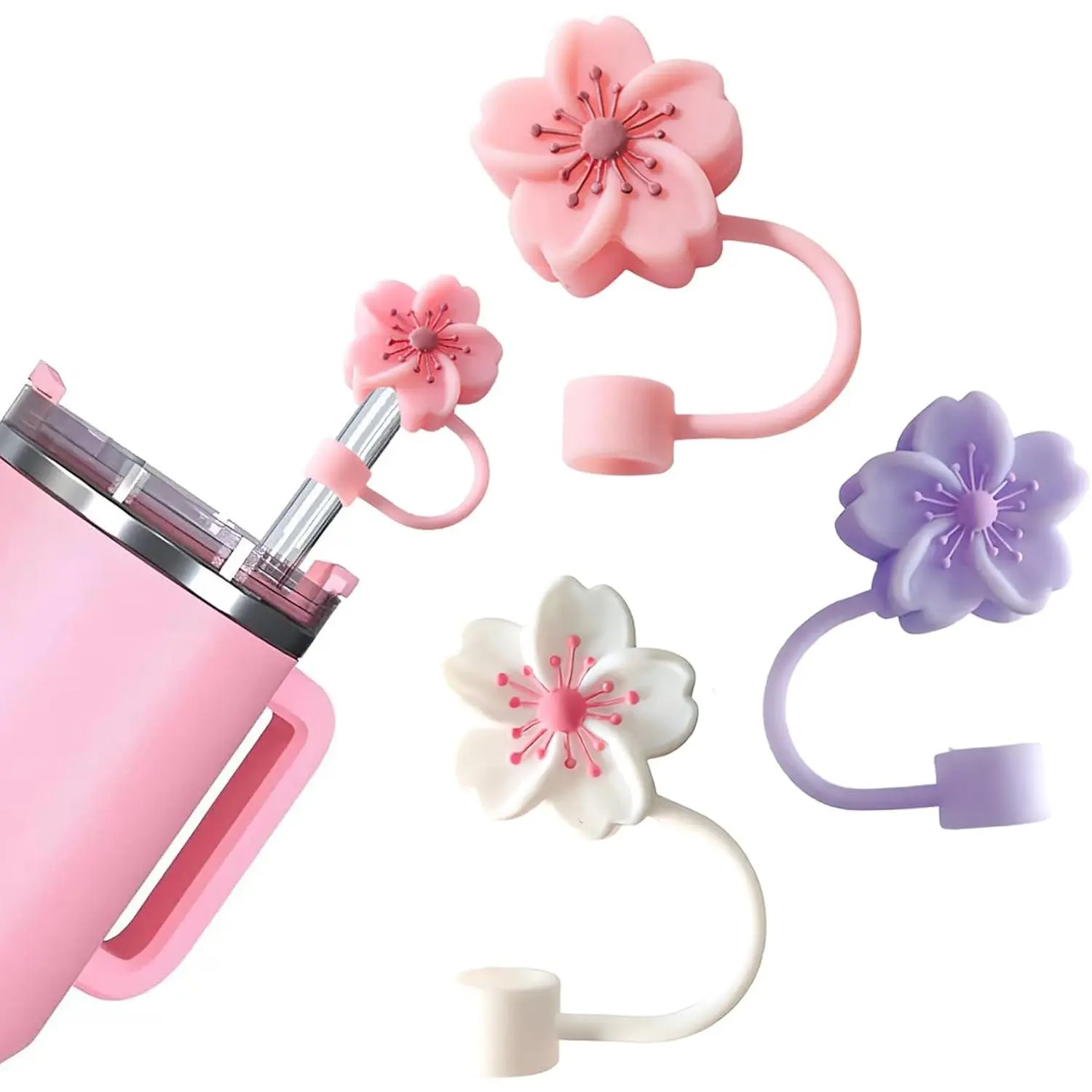 Silicone Straw Caps for 10mm Tumblers | Reusable Dust-Proof Straw Toppers Compatible with Stanley 30oz & 40oz Tumblers (Purple Flower 3pc)