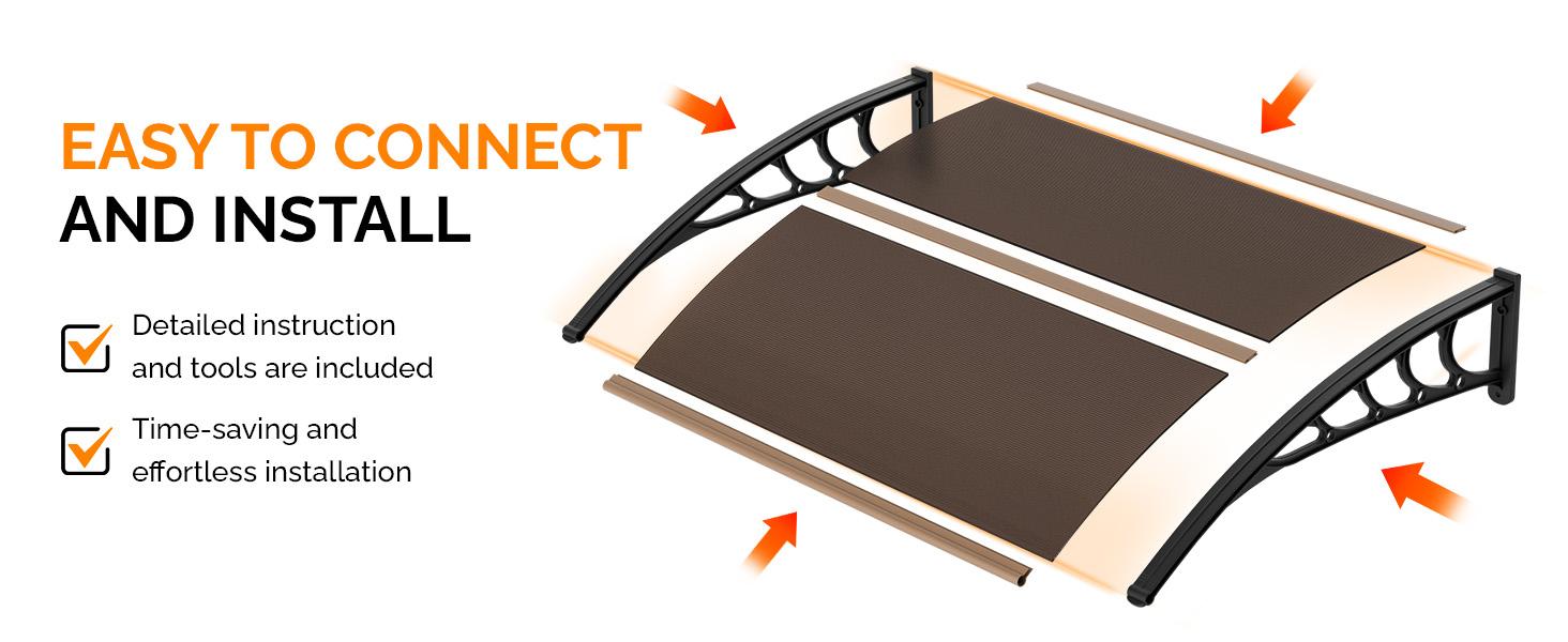 Outvita Window Awning Door Canopy, 80*38 inch Window Awning Overhead Modern Polycarbonate Cover Outdoor Front Porch Patio Canopy UV Rain Snow Sunlight Protection Hollow Sheet/Brown