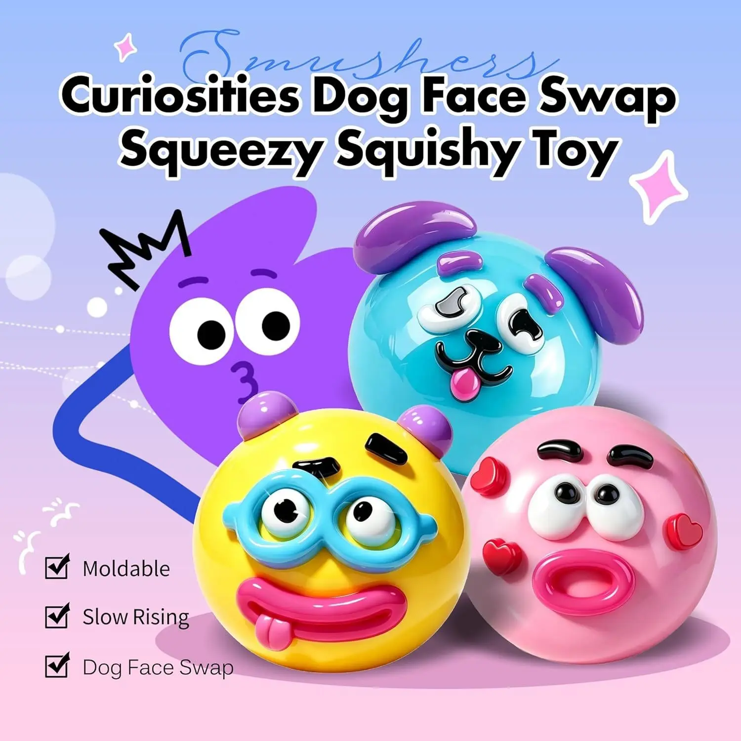 New Squishy-Curiosities Smushers Dog Face Swap Squishy, Soft Slow Rising Stress Relief, Cute Kawaii Squishy Dog Face Sensory Fidget for Adults