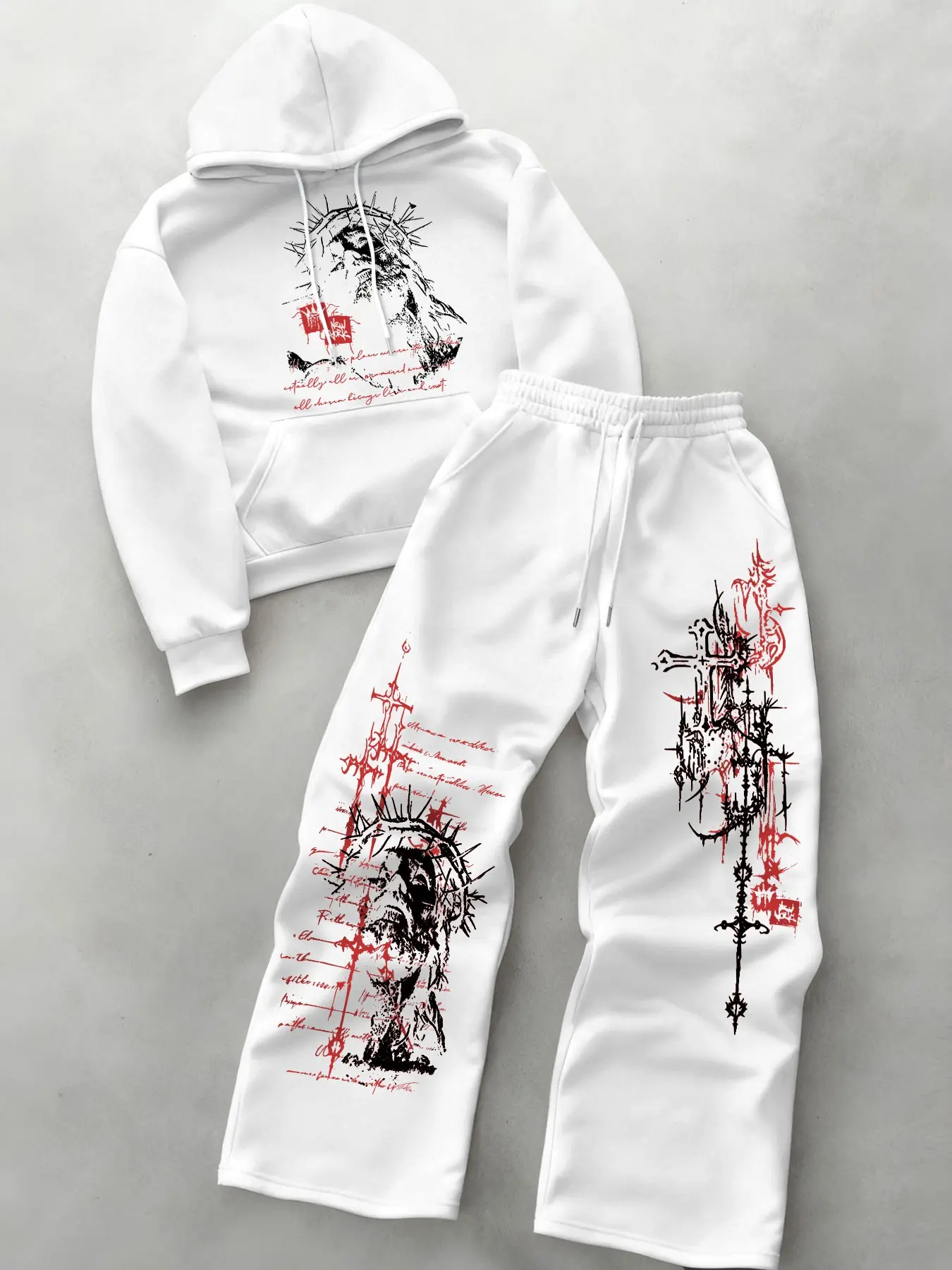 American High Street Thorn Portrait Print Hoodie Set, Unisex Retro Cross Loose Wide Leg Pants Two Piece Set, Fall & Winter Casual Sweatshirt, Sweatshirt Sweatpants Set