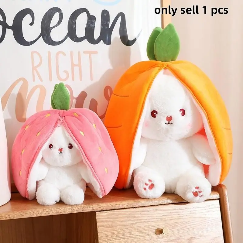 Cute Reversible Bunny Plush Toy, 2-In-1 Strawberry/carrot Stuffed Rabbit, Soft Zipper Plushie, Kawaii Plush Pillow for Kids & Adults, Huggable Stuffed Animal