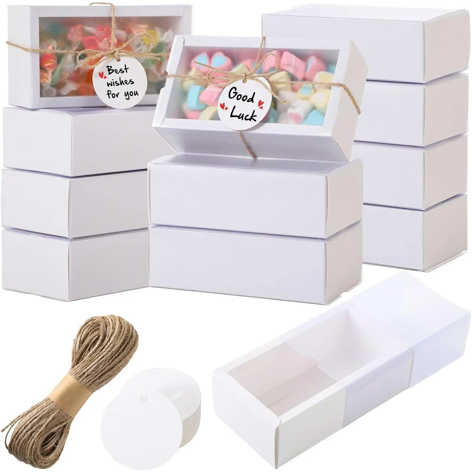 50 Sets  Homemade  Box Bundle with Blank Tags and Jute String (101 Items) for  Candy Wrapping Party Favor(6.3 x 3.5 x 2 Inch,White)