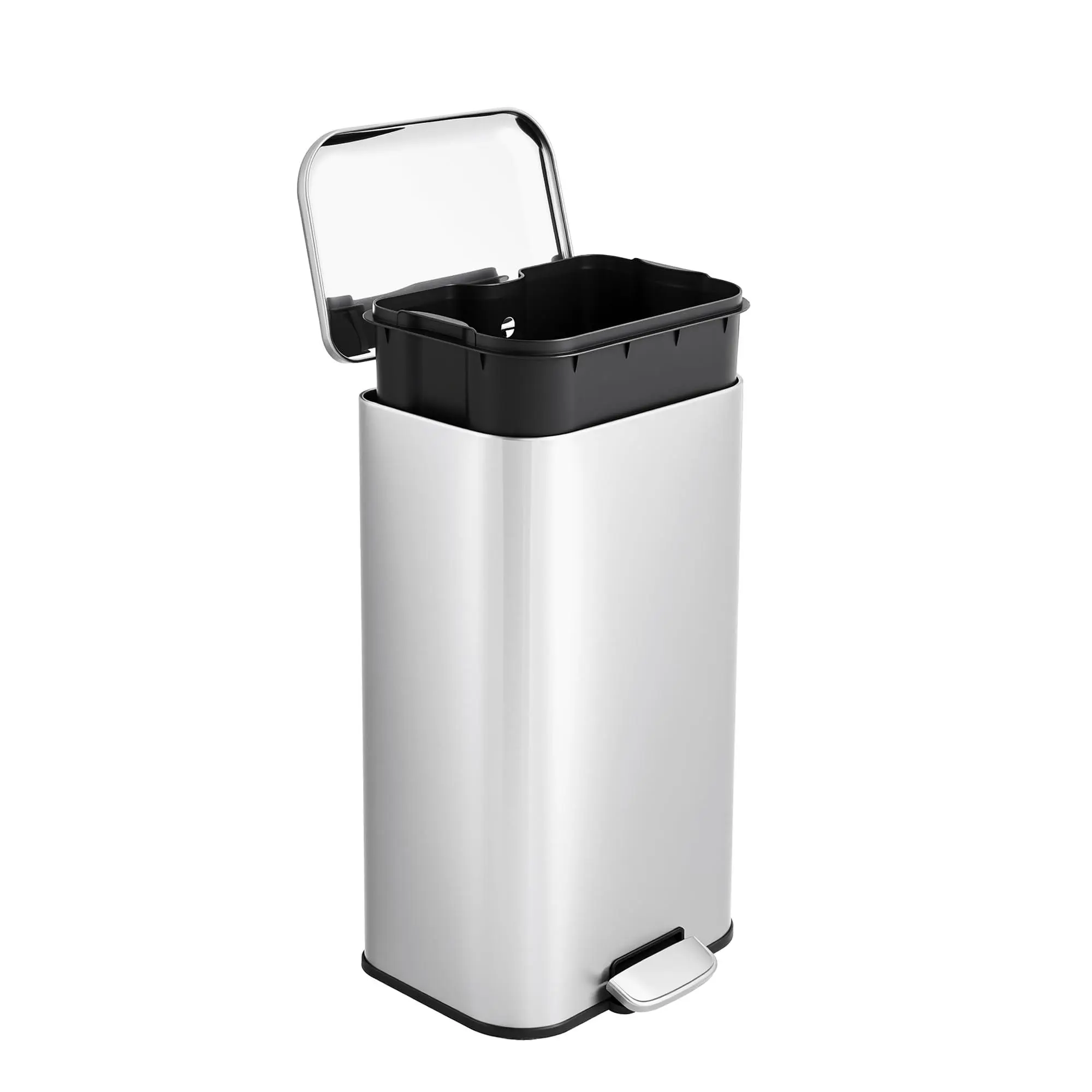 GARVEE 8gal/30L Stainless Steel Rectangular Kitchen Waste Bin - Step-On Lid, Soft-Close Design, Removable Inner Bucket, Silver for Office/Home Use