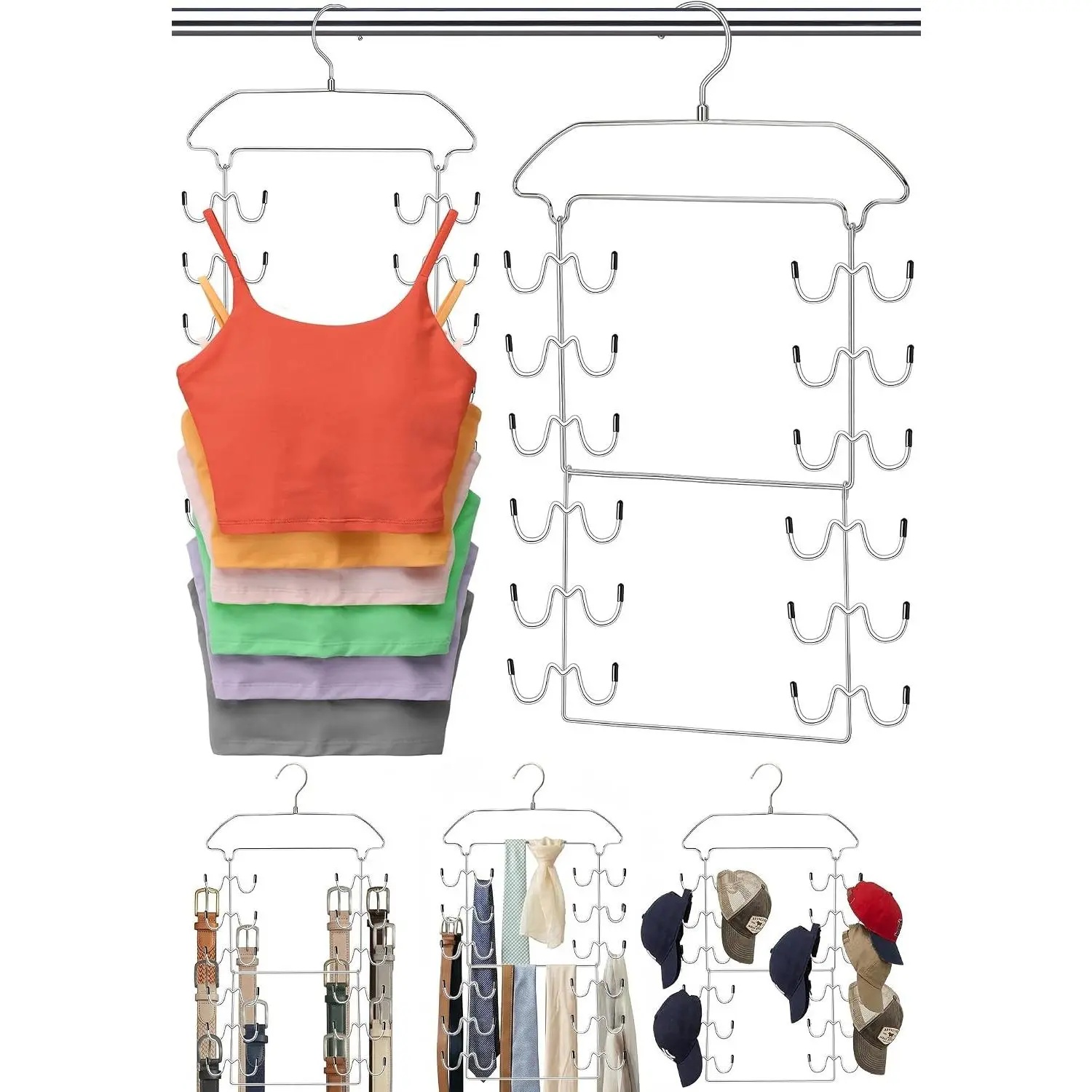 2 Pack Tank Top Hanger Space Saving, 360° Rotating Closet Organizers and Storage, 6 Tier Metal Bra Organizer with 24 Hanging Hooks, Small Space Solutions, RV Apartment College Dorm Room Essentials