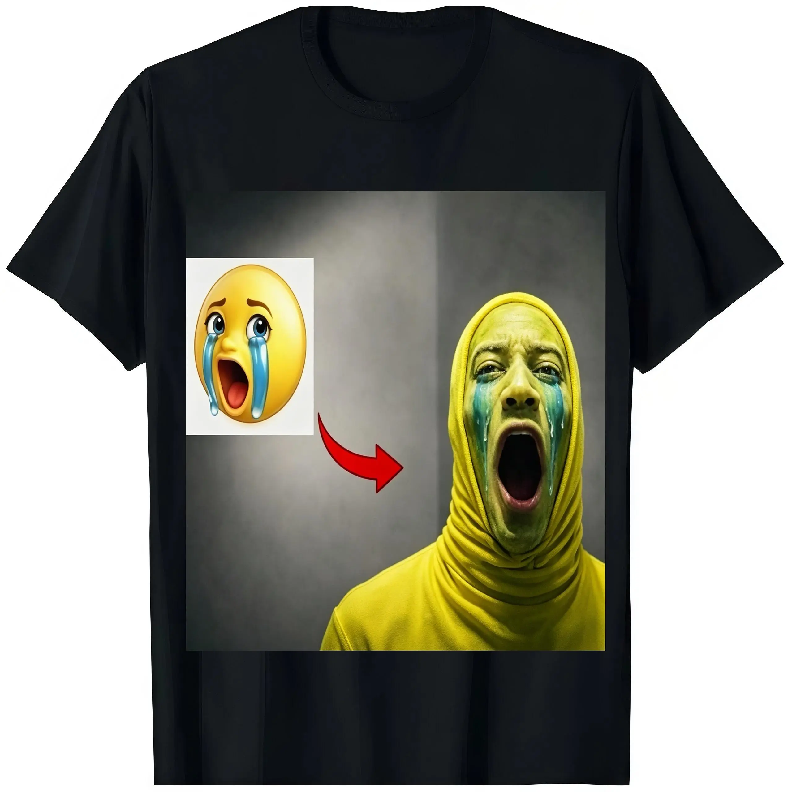 Unisex Emotional Tears Graphic Tee - Yellow Scream Mask Emoji Transformation Design, Crying Emoji Print, Surreal Meme Art, Funny Reaction Top, Y2K Streetwear, Viral Aesthetic Sports Top