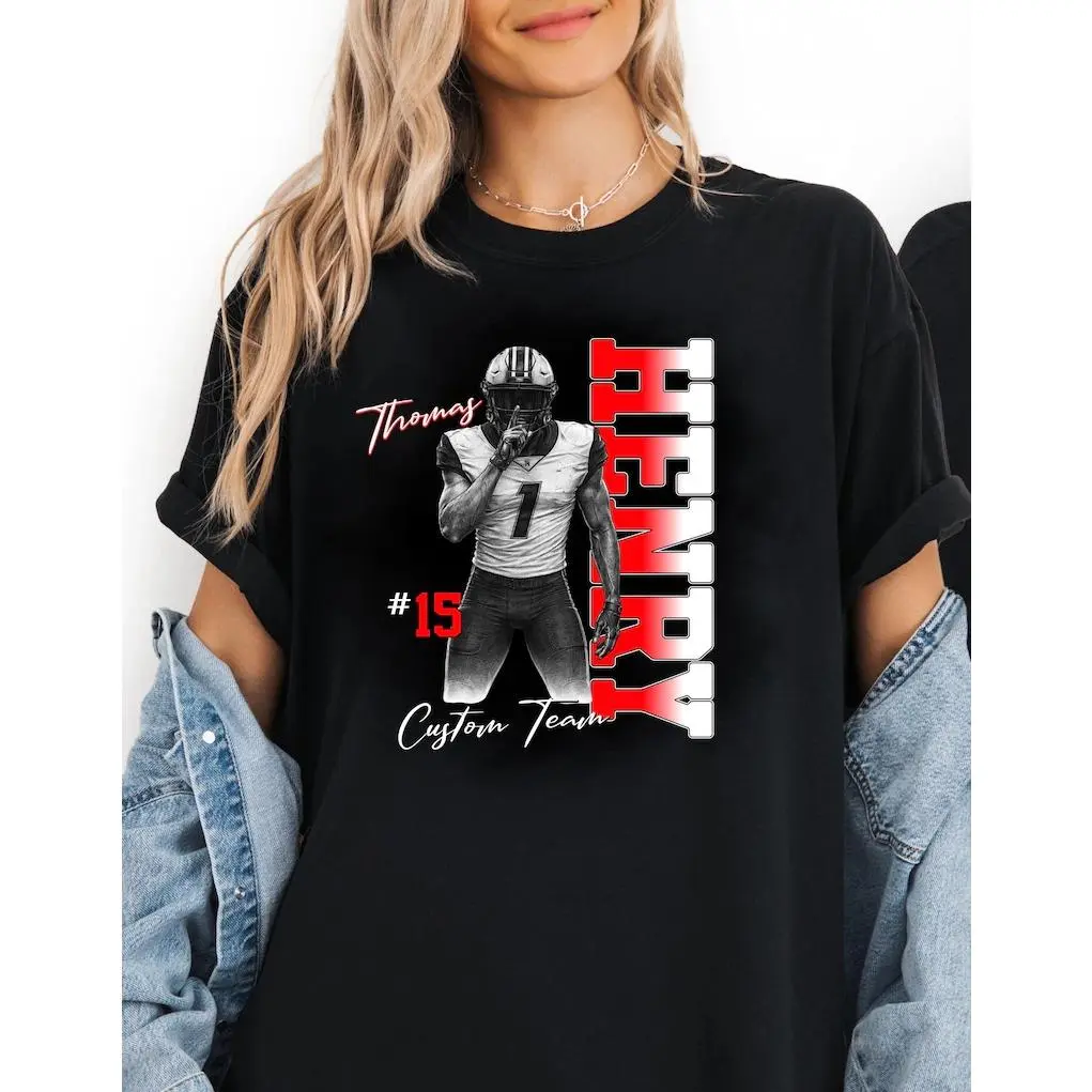 Women's Custom Photo Pure Cotton Relaxed Cut Graphic T-Shirt - Washed Retro Bootleg Sports Top, Vibrant Print Good Graphic Tee for Football Lovers