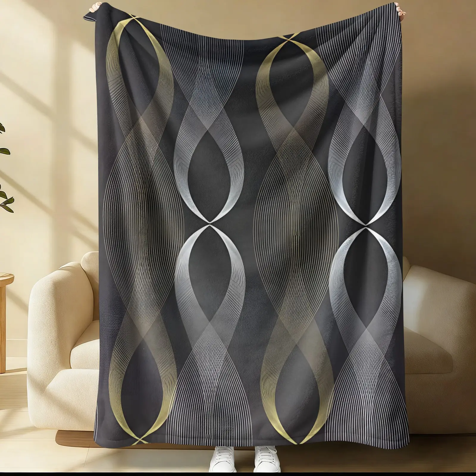 Popular Abstract Geometric Throw Blanket, Modern Minimalist Curved Line Flannel Blanket, Luxury Neutral Decorative Sofa Blanket.Ideal for camping or travel; lightweight and portable. A perfect holiday gift.