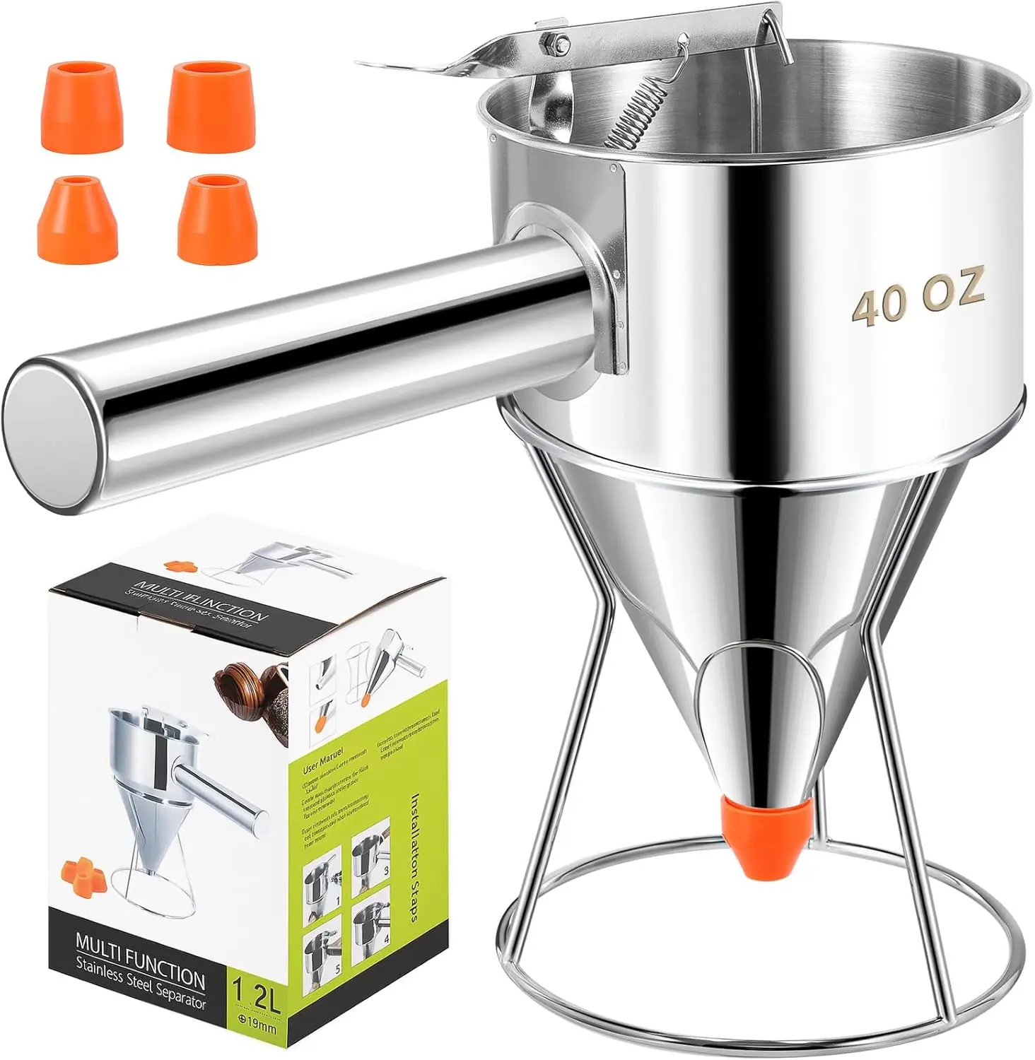 Stainless Steel Pancake Batter Dispenser with Squeeze Handle & Stand | Funnel Cake & Cupcake Batter Dispenser  | Multi-Caliber Nozzles for Waffles, Crepes & Icing | Includes 4 Nozzles, Whisk & Brush