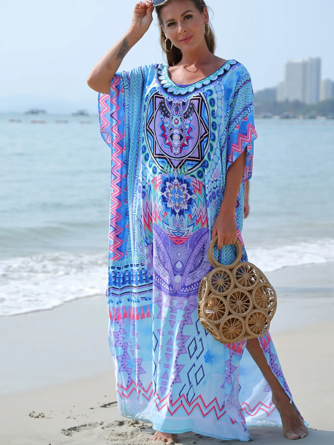 Plus Size Kaftan Dresses for Women, V-Neck Batwing Design, Loose Fit Moroccan Style, Ethnic Pattern Kaftan, Perfect Bathing Suit Cover Up, Beach Kaftans, Comfortable Mumu Dresses