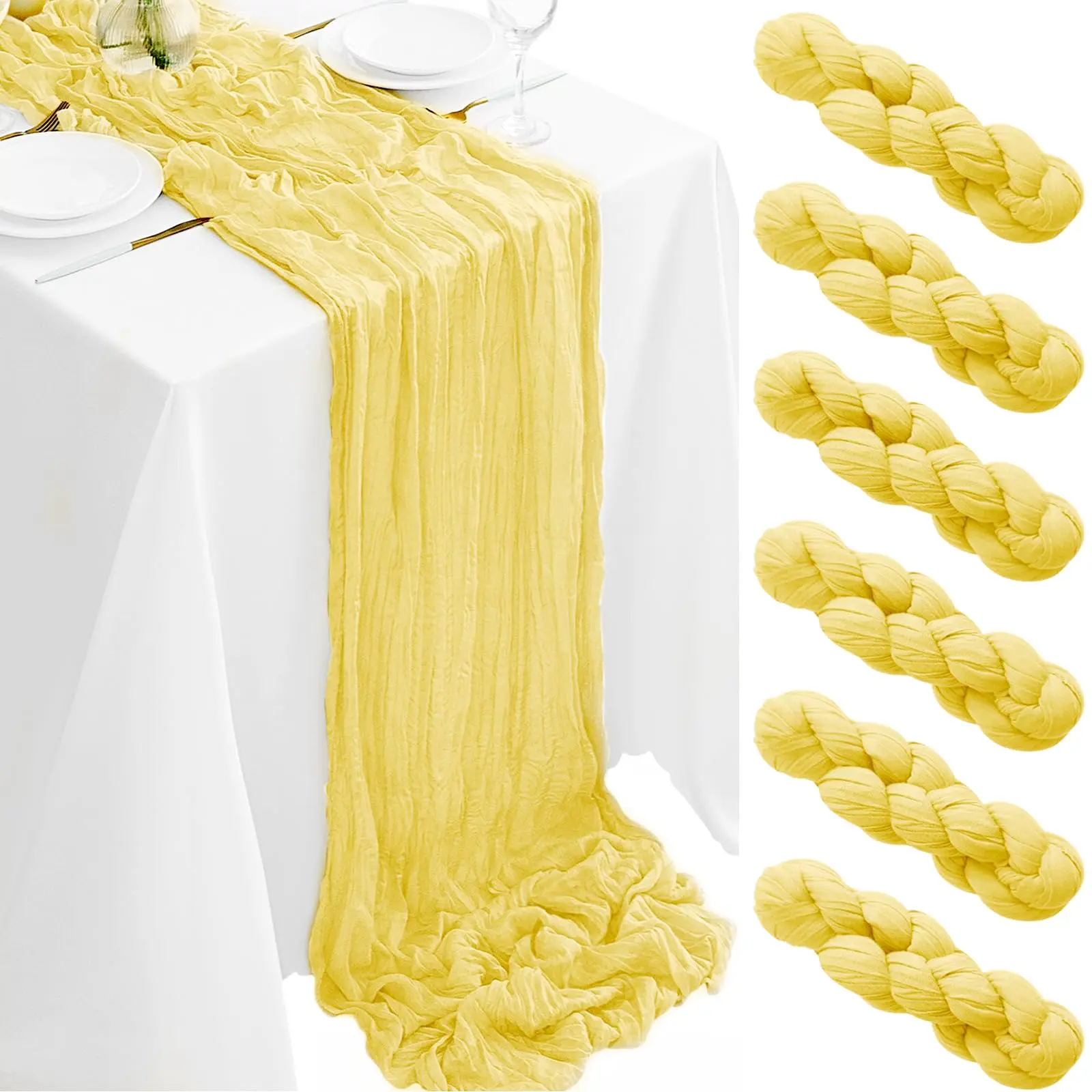 6/12 Pcs Lemon Yellow Semi-Sheer Boho Sheer Gauze Cheesecloth Table Runner (17x108 in) - Pleated Look Machine Wash Tabletop Linens for Wedding, Home Decor