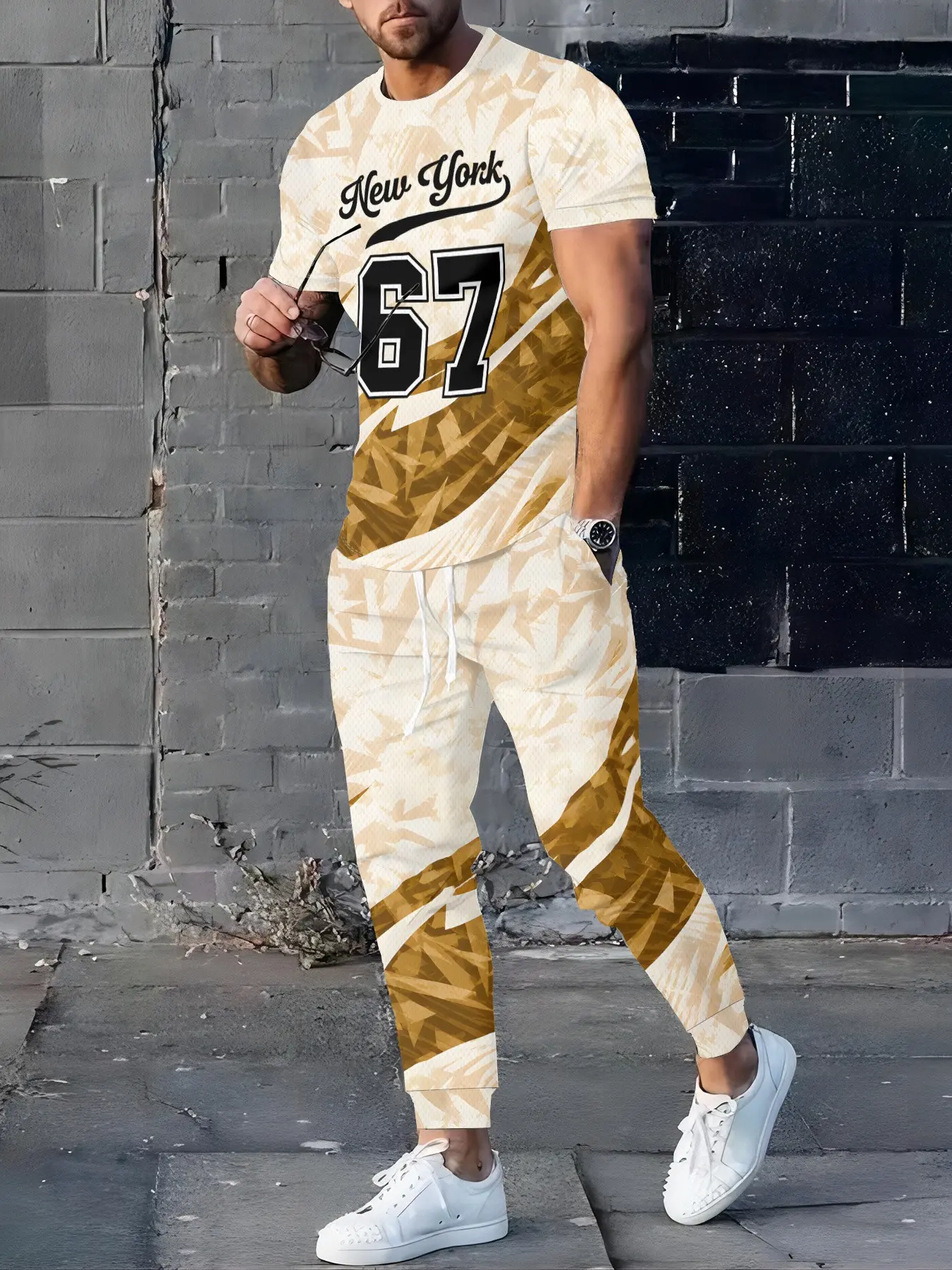 Men's Casual Street Style Set, Short Sleeve Graphic T-Shirt and Pants, Comfortable Breathable Summer, Spring & Fall Fashion