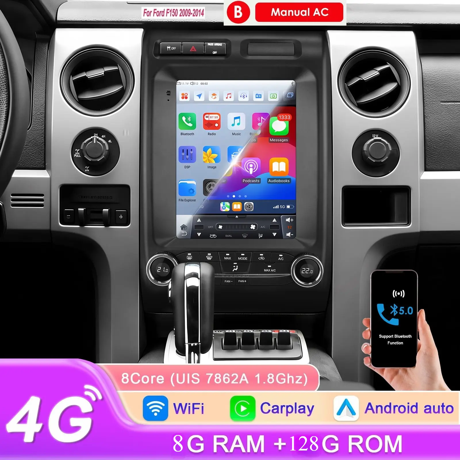 9.7 inches Car Stereo Unit for Ford F-150 2009-2014, Car Audio with GPS Navigation, CarPlay, Wireless Android Auto, DSP, 8+128GB, WiFi, Backup Camera, Bluetooth, LED, Manual AC, 9.7" Car Stereo