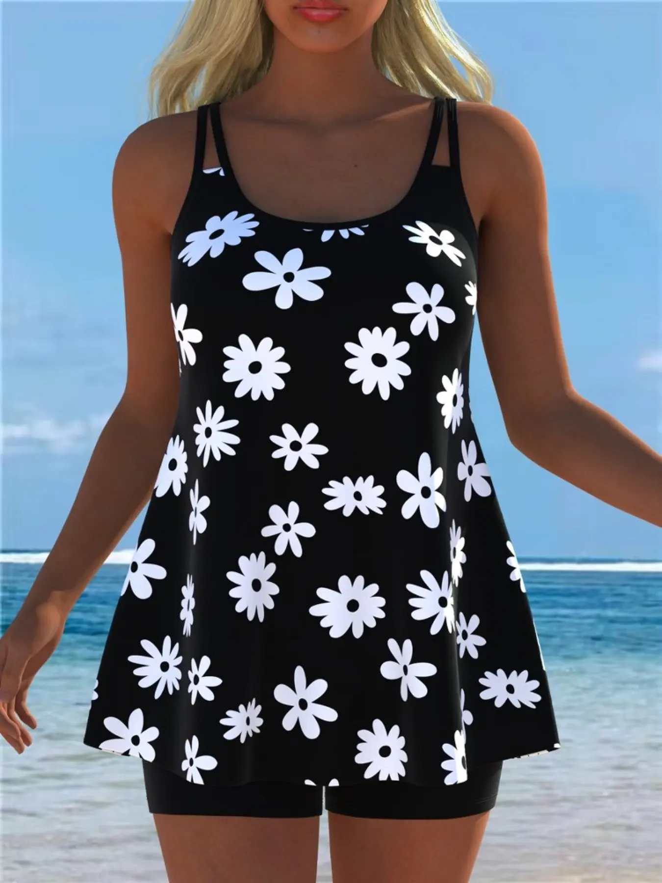 Base Tropical Floral Two-Piece Bikini, Slimming Beach Swimwear, Daisy Print, Gradient Check, Trendy Women's Swimsuit, Floral Tankini Set, Tankini Swimsuits Women