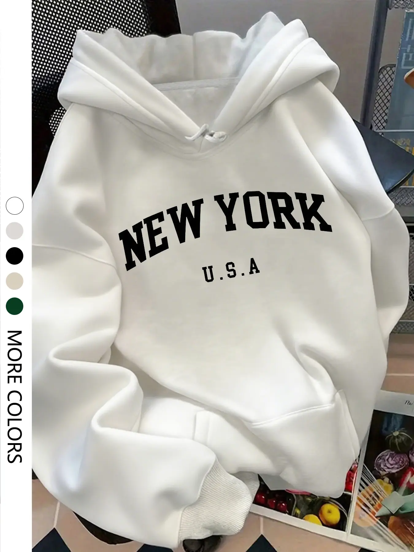 Women's New York Letter Print Drop Shoulder Hoodie, Casual Loose-Fit Drawstring Pocket Sweatshirt, Fall Winter Outerwear