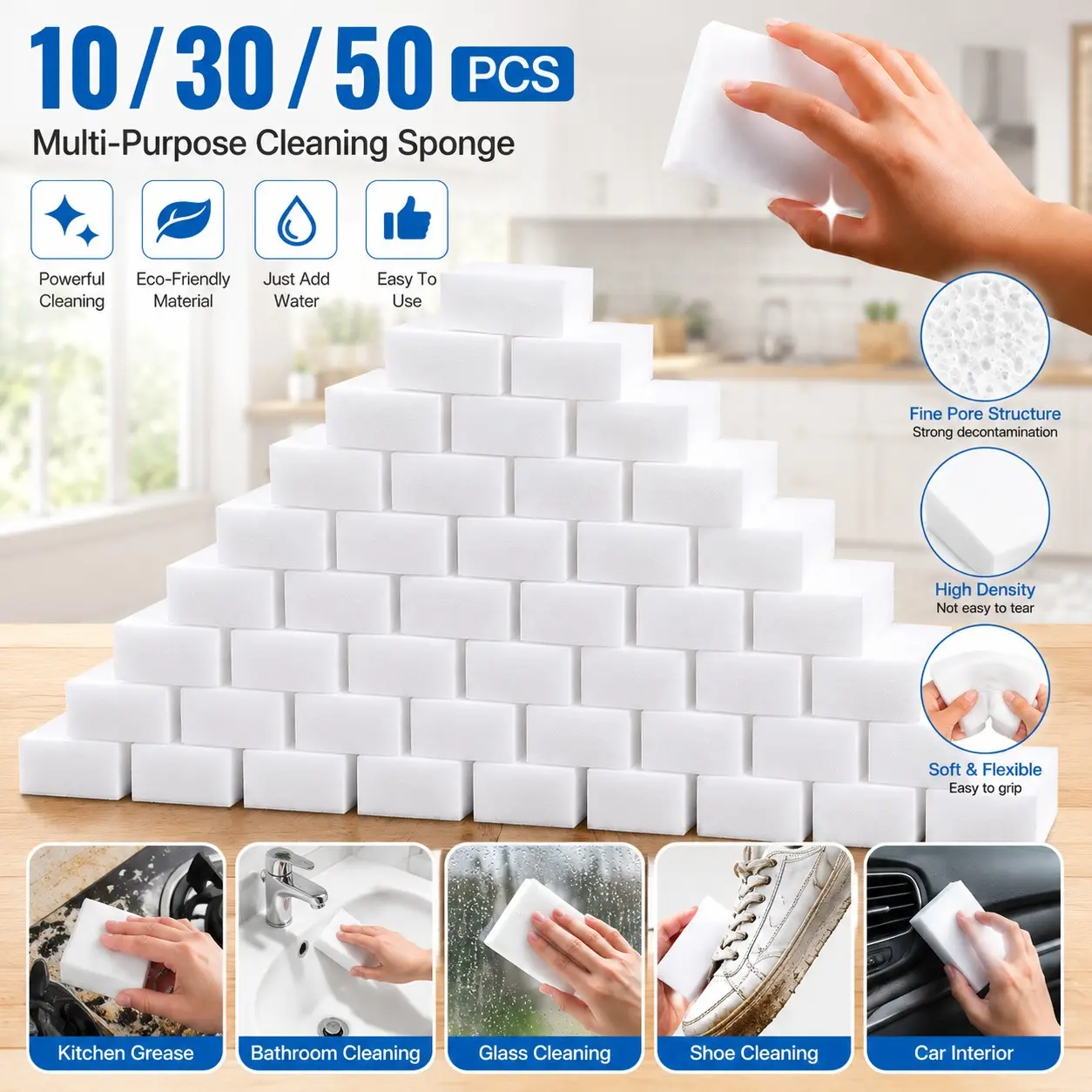 10/30/50pcs Magic Cleaning Sponge, Thick Melamine Foam Pad, Multi-Surface Cleaner for Kitchen, Bathroom, Walls, Shoes, Glass, Car Interior